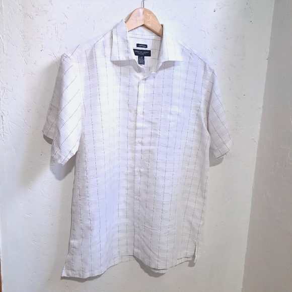 pronto uomo | Men's White Plaid button up short sleeve Shirt classic fit - Picture 1 of 8